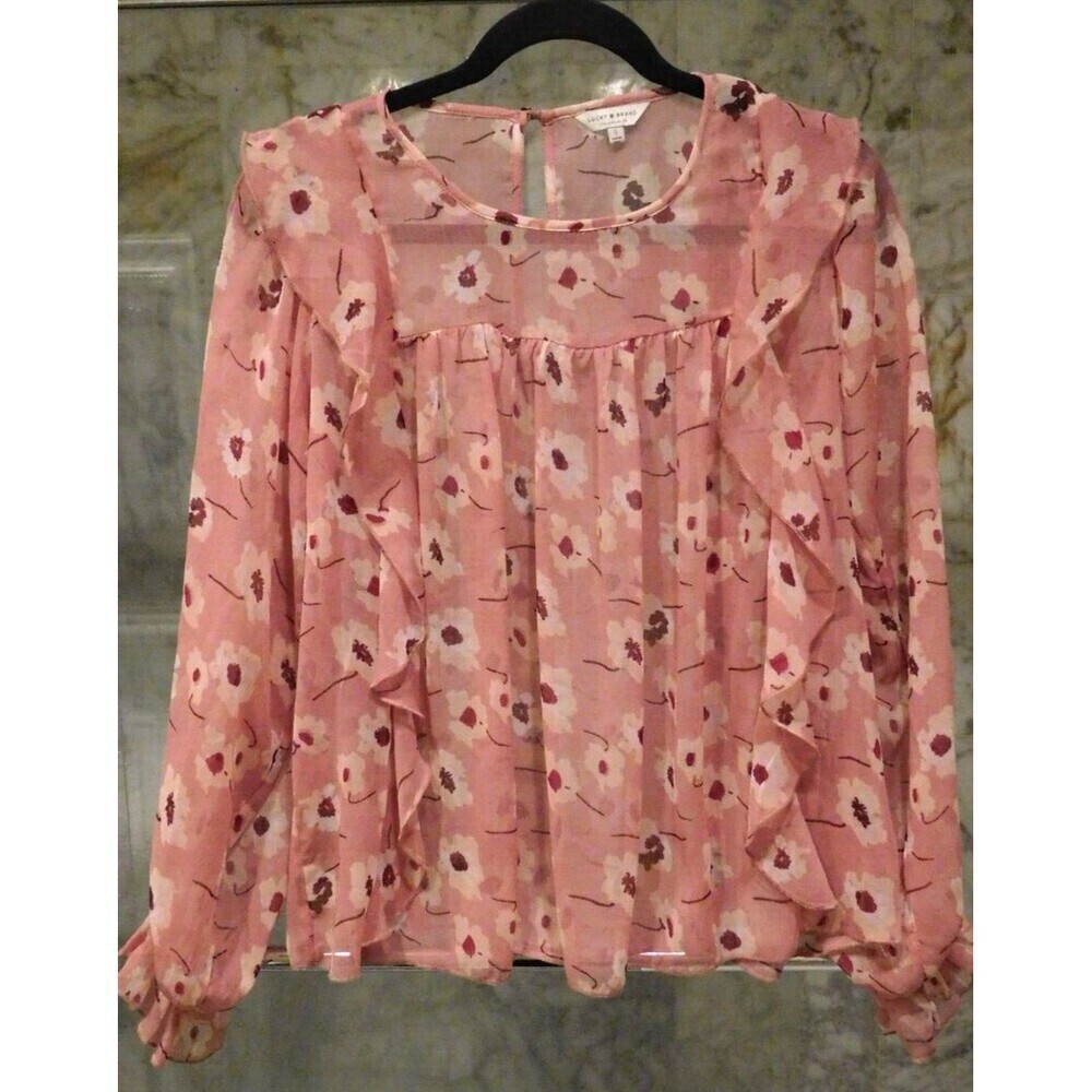 Super Cute LUCKY BRAND Pink Floral Print Ruffle Blouse Size Small